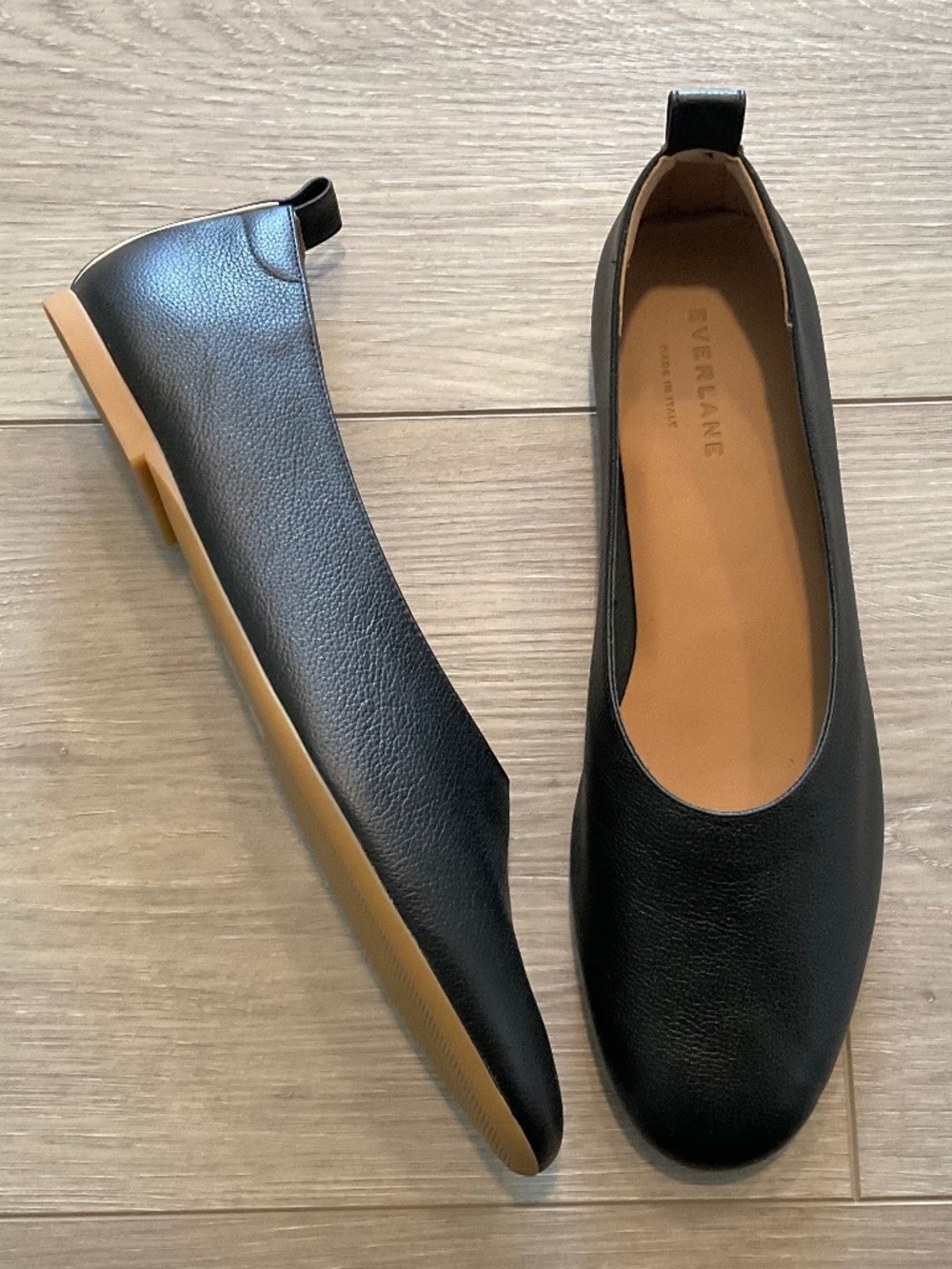 Everlane Black Leather Slip-On Flats with Tan Soles